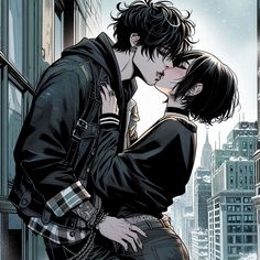 a man and woman kissing in front of a cityscape