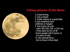 a full moon with the words taking pictures of the moon in red and black text