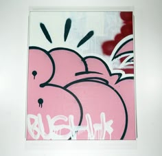 an abstract painting with pink and black colors on white paper, including the word bushel