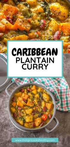 Plantain Curry close up in a grey serving dish. Caribbean Sweet Potato Recipes, Plantain And Sweet Potato Recipes, Delicious Vegan Dinner Recipes, Sweet Potato And Mushroom Recipes, Plantain Curry, Healthy Veggie Recipes Dinner, Vegan Root Vegetable Recipes, Vegetarian Carribean Food