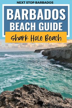 the text reads barbados beach guide shark hole beach next to an ocean cliff