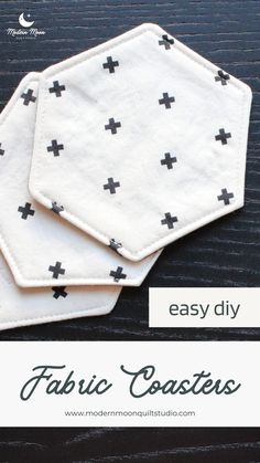 two fabric coasters with the words easy diy on them, and an image of a