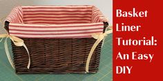 a basket sitting on top of a table next to a red and white striped pillow