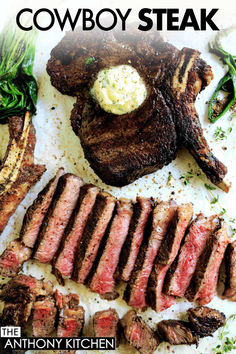 An overhead shot of a whole cowboy steak topped with a dollop of butter and underneath are slices of steak. Cowboy Ribeye, Steak Temperature, Big Steak, Steak Doneness, Cowboy Steak, Creamy Horseradish Sauce, Beef Tenderloin Roast, Bone In Ribeye, Tenderloin Roast