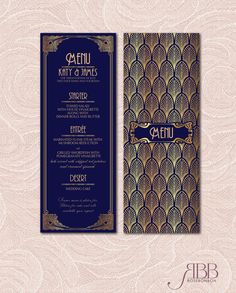 an art deco style menu with gold and blue accents on the front, back and sides