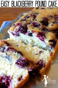 two slices of blueberry pound cake sitting on top of a glass plate with text overlay