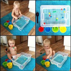 four pictures of a toddler playing with water and plastic cups on the floor in different stages of development