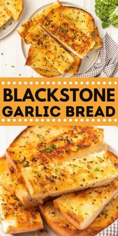 black stone garlic bread on a white plate with text overlay that reads, blackstone garlic bread