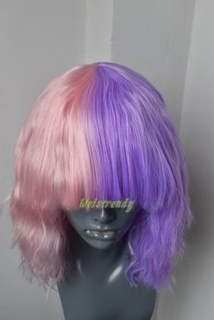 Type: Full WigLength: Short Wig Cap: Classic cap Style: Cosplay/Party Color:Pastel Pink and Pastel PurpleLength: about 12in-14inMaterial: Premium Synthetic high temperature fiber Density : 150%Package 1*wig Wig With Fringe, My First Wig, Waves Hair, Pastel Lavender, Half And Half, Cap Style, Color Pastel, Pink Pastel, Full Wigs