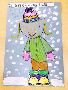 a child's drawing of a snowman on a piece of paper that says, on a snowy day i will