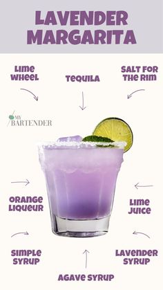 the ingredients for a lavender margarita are shown in this graphic style, including limes and sugar