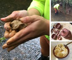 there are pictures of people working in the garden and on the ground, including potatoes