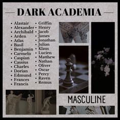 an advertisement for the dark academy featuring chess, flowers and other things in black and white