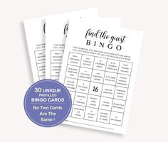 three printable game cards with the words, find the most bingo and two cards are on