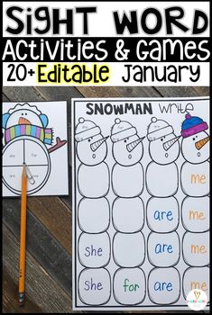 snowman sight word activities and games for kids to practice their words in the winter