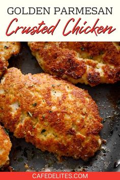 golden parmesan crusted chicken on a baking sheet with text overlay that reads, golden parmesan crusted chicken