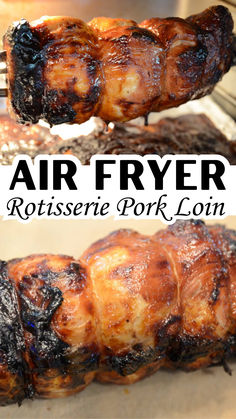 there are two different types of meat on the grill and one is grilled to look like an air fryer rotisse pork loin