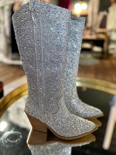 Bring on the holidays with these amazing rhinestone boots! 11.75 inch tall shaft wide calf 13 inch shaft 16 inch shaft circumference 3.25 inch heel  Full inside zipper Corkys ultra comfort footbed Fit true to size. If you are a half size, size up. Hoco Shoes, Sparkly Boots, Rhinestone Boots, Concert Wear, Cropped Denim Jacket, Wide Calf, Trend Forecasting, Taylor Swift Style, Bday Ideas