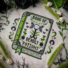 a cross - stitch book with the words, book of deadly fictions on it