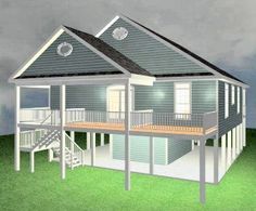 a 3d rendering of a house with porches and stairs