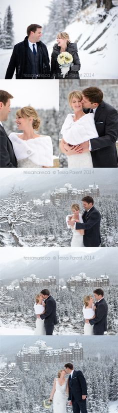 a couple kissing in the snow on their wedding day