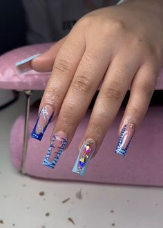 Nail Freestyle Designs, Blue Freestyle Nails, Acrylic Nail Designs Classy, Orange Acrylic Nails, Acrylic Toe Nails, Blue Acrylic Nails, Girly Acrylic Nails, French Tip Acrylic Nails