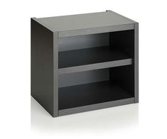 a black book shelf with two shelves on each side and one drawer at the top