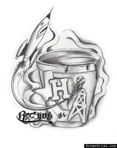 a pencil drawing of a coffee cup with a rocket on it and the letter h