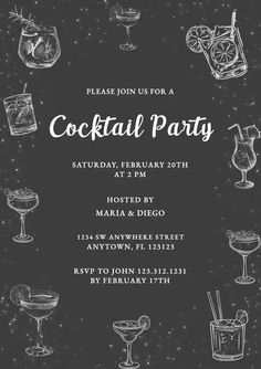 a black and white cocktail party flyer with drinks on it, including two martinis