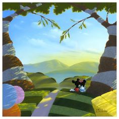 a painting of mickey mouse sitting on the ground in front of a tree and mountains