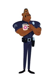 a cartoon police officer holding a donut in his hand and looking at the camera