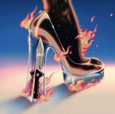 a pair of high heeled shoes with flames coming out of them