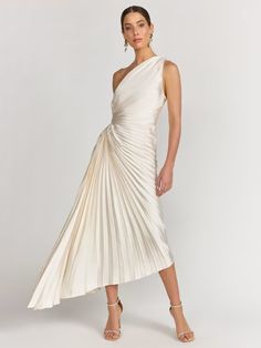 One Shoulder Pleated Asymmetrical Dress - Dress Forum | New York & Company Satin Dress Off Shoulder, Satin Pleated Dress, Pleated Satin Dress, Engagement Party Dresses, Dress Off Shoulder, Minimalist Dresses, Jeans Tops, Dresses Pants, Hem Style