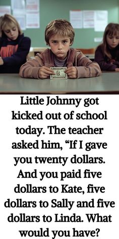 two children sitting at a table with the words, little johnny got kicked out of school today