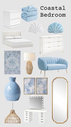 blue and white bedroom decor with text that reads coastal bedroom