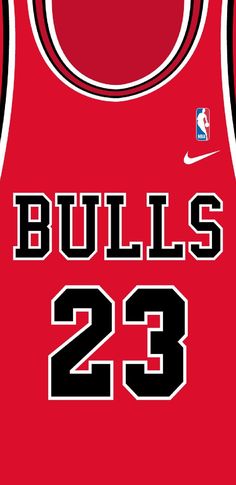 a red basketball jersey with the number 23 on it's chest and two bulls in the back