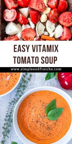 a bowl of tomato soup with basil and tomatoes in the background