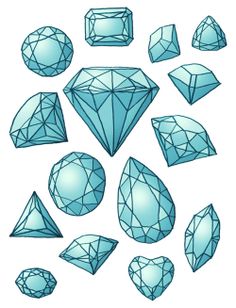 many different shapes and sizes of diamonds on a white background, including blue glass stones