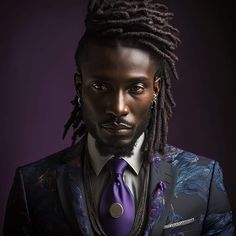 a man with dreadlocks wearing a purple tie and black suit jacket, standing in front of a dark background