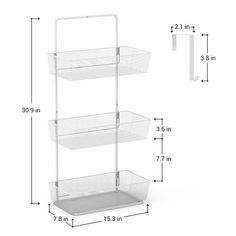 three tiered basket stand with measurements for each shelf and the width to fit it