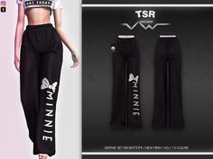 the pants are black with white butterflies on them and one has an emblem that reads tsr