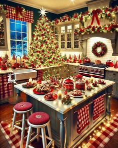 a christmas kitchen decorated for the holidays