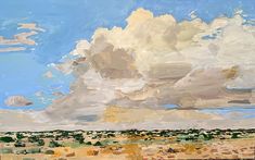 an oil painting of clouds in the sky over a desert area with trees and grass