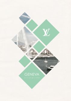 an advertisement for the geneva international convention in green and white with images of boats, buildings, and fountains