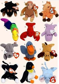 many different stuffed animals are shown together