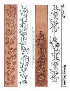 four different types of flower designs on wooden strips with the words, flowers and leaves