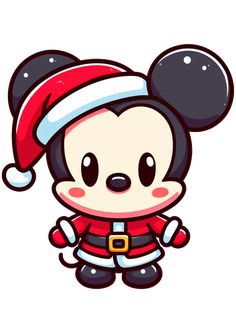 mickey mouse wearing a santa claus hat and standing in front of a white background with black dots