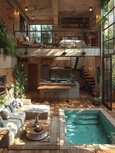 a living room filled with furniture and a swimming pool in front of a brick wall