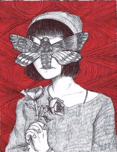 a drawing of a woman with a butterfly on her face and flowers in her hand