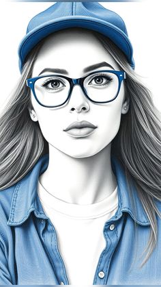 a drawing of a woman wearing glasses and a baseball cap